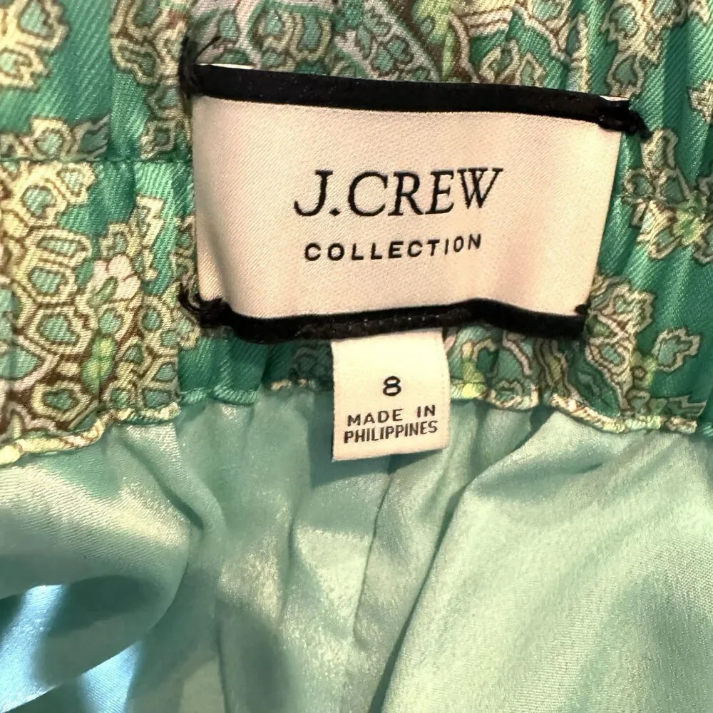 J Crew Collection Pants Womens 8 Green Paisley Satin Wide Leg Cropped AV440